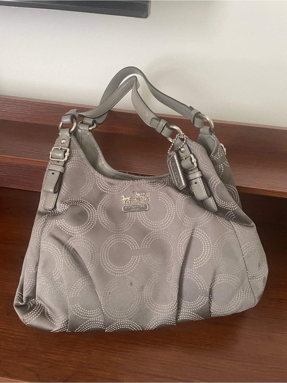Coach Silver-Gray Circle Print Shoulder Bag with Dual Handles